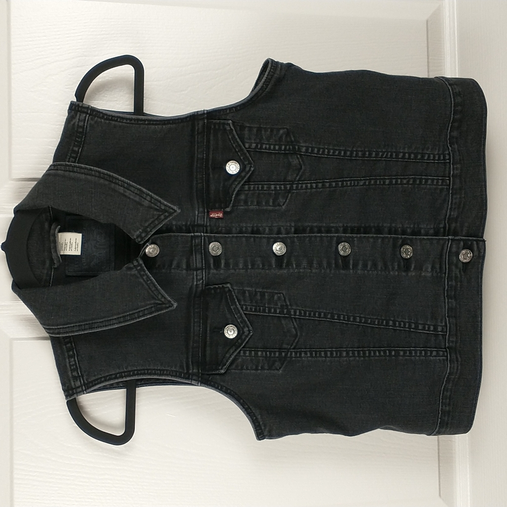 Levi's Black Trucker Stretch Denim Jean Vest Jacket Womens Button Large